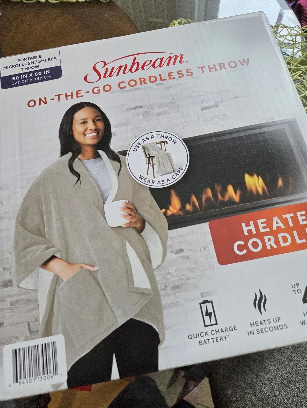 Sunbeam Gray On Heated Cordless On-The-Go Throw Cape New In Box